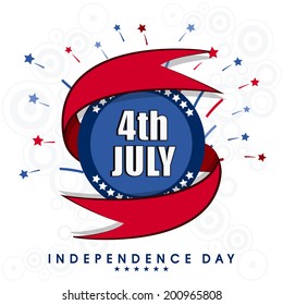 Stylish 4th of July with red ribbon on fireworks decorated grey background for American Independence Day celebrations. 