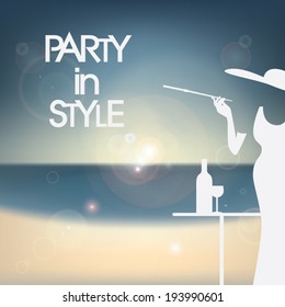 Stylish 60s party invitation template with smart dressed woman on summer background. Eps10 vector illustration