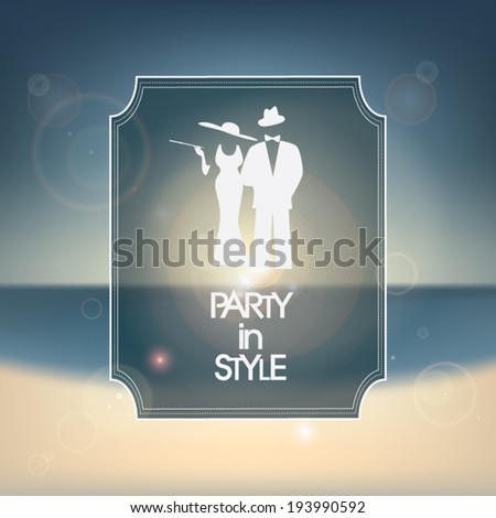 Stylish 60s party invitation template with smart dressed woman and man on summer background. Eps10 vector illustration