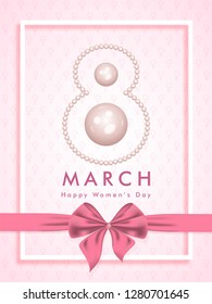 Stylish 8 march lettering made by pearls with bow ribbon on pink background for Women's Day celebration greeting card design. 