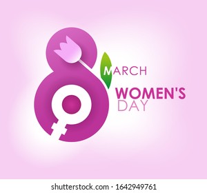 Stylish 8 march, women's day typography concept design. Female symbol, tulip flower and leaf. Suitable for greeting card, poster or banner design