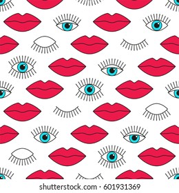 Stylish 80s seamless pattern with eyes and lips for your decoration