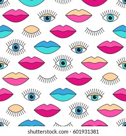 Stylish 80s seamless pattern with eyes and lips for your decoration