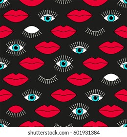 Stylish 80s seamless pattern with eyes and lips for your decoration