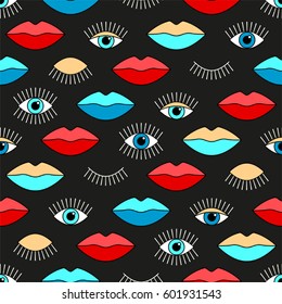 Stylish 80s seamless pattern with eyes and lips for your decoration