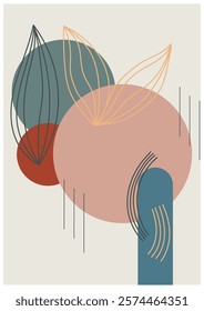 Stylish abstract art featuring a leaf, circles, and lines on a neutral background for modern interior decor