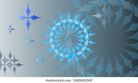 Stylish abstract background with blue and grey mandala and star shapes. Perfect for websites, presentations, and more.
