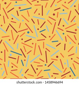 Stylish abstract background with dots and lines. Bright chaotic seamless geometry pattern. Multicolored. Different size shapes. They do not intersect.