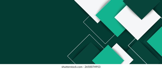 A stylish abstract background featuring overlapping green and white square shapes with subtle shadows and line elements. This clean geometric design is ideal for business templates, tech-themed presen