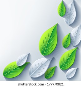 Stylish abstract background with gray and green cut paper 3d leaf. Eco background with plant. Trendy modern grey background. Vector illustration