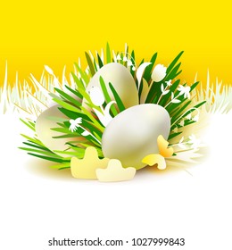 Stylish abstract card with realistic 3d Easter eggs and holiday symbols cut out paper art elements - grass, many flowers, butterflies. White grass on yellow creative background. Vector illustration