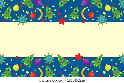 Elegante fondo de Navidad abstracto con insertos horizontales con un patrón de árboles, bolas coloridas y copos de nieve a cielo abierto. Gráficos vectoriales para un sitio web. 