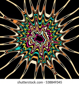 Stylish abstract colorful background with wavy stripes, rings and spots imitating the ethnic style of Maya. Fractal vector pattern may use for t-shirt print.
