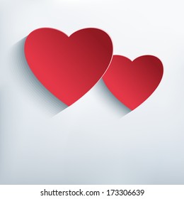 Stylish abstract creative background with two red cut paper 3d hearts. Trendy Valentines Day background with hearts. Love card for Valentines day. Vector illustration.