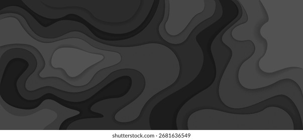 Um design abstrato elegante com formas onduladas em preto e cinza em um fundo escuro, criando uma aparência moderna e elegante.