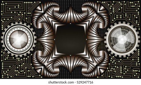 Stylish abstract futuristic technology background in gray, black and white shades with gears and silver frame. Digital technology and engineering concept design