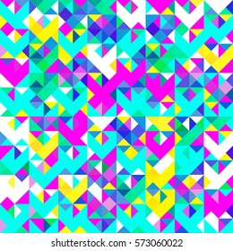 Stylish abstract geometric background with irregular structure of bright colorful polygons. Repeating glitch texture perfect for fabrics, wallpapers and decoration. Vector seamless pattern.