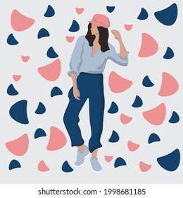 Stylish abstract illustration with a stylized figure of a girl in trousers, sneakers, a pink cap. A hand-drawn woman stands with her hand raised. Drawing for printing on textiles, diaries.