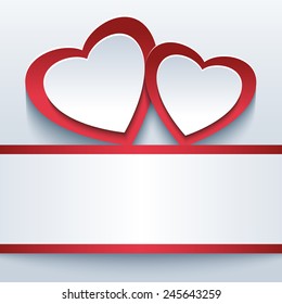 Stylish abstract love background with two red - grey cut paper 3d hearts. Beautiful trendy Valentines day card with 3d hearts and paper - place for text. Vector illustration.