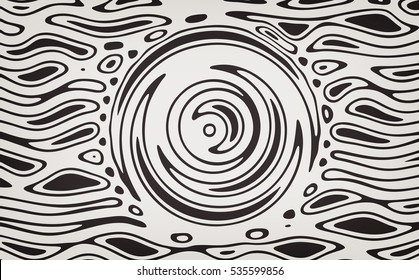 Stylish abstract monochrome background with wavy stripes, rings and spots. Circle Fractal vector pattern may use for t-shirt print. 