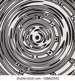Stylish abstract monochrome background with wavy stripes, rings and spots. Circle Fractal vector pattern may use for t-shirt print.  Water bubbles in liquid.  