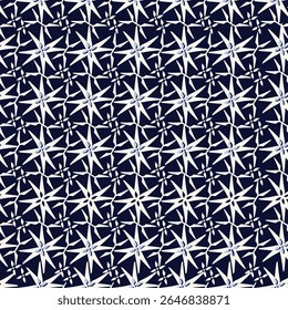 Stylish abstract nautical pattern with white starburst motifs on a deep blue background. Perfect for modern design, textiles, and digital art, reflecting a timeless maritime trend.