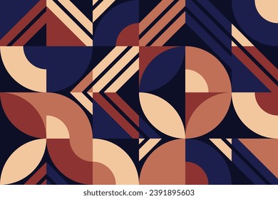 Stylish abstract pattern combining dark hues with warm tones in a geometric composition of circles and rectangles, reflecting a fusion of modernism and vintage charm