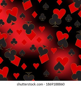 Stylish abstract pattern of figures of symbols of card suit - clubs, tambourines, spades, hearts with a golden outline. Vector graphics on a red-black background for design and decoration.