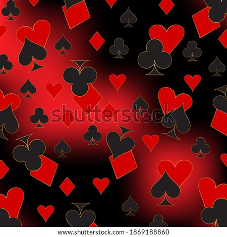 Stylish abstract pattern of figures of symbols of card suit - clubs, tambourines, spades, hearts with a golden outline. Vector graphics on a red-black background for design and decoration.
