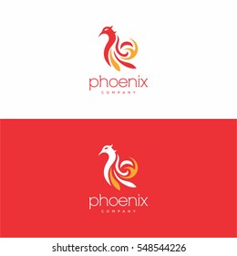 Stylish abstract phoenix logo sign template on red and white background.