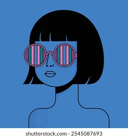 Stylish abstract portrait of a woman with short black hair, wearing striped round sunglasses and set against a bold blue background.  
