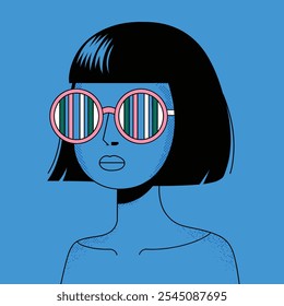 Stylish abstract portrait of a woman with short black hair, wearing striped round sunglasses and set against a bold blue background.  
