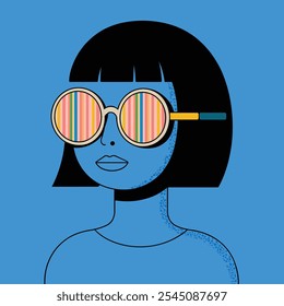 Stylish abstract portrait of a woman with short black hair, wearing striped round sunglasses and set against a bold blue background.  
