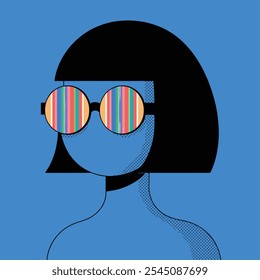 Stylish abstract portrait of a woman with short black hair, wearing striped round sunglasses and set against a bold blue background.  
