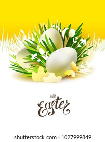 Stylish abstract poster with realistic 3d Easter eggs and holiday symbols cut paper art elements - grass, many flowers, butterflies. Creative background. Vector illustration. Lettering text greetings