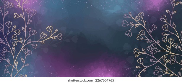 Stylish abstract purple-green vector background with golden flowers, branches and leaves for decor, covers, backgrounds, wallpapers