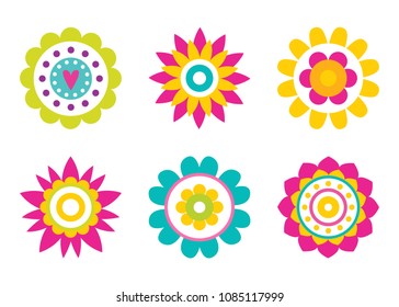 Stylish abstract round flowers made of simple elements in cartoon style, geometric shape bloom with heart and dots, abstractions of blossoms vector