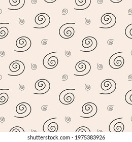 Stylish abstract  seamless pattern with black geometric linear spirals or curles on pastel background. Modern vector doodle design