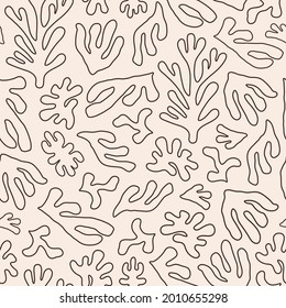 Stylish abstract seamless pattern with brown linear seaweed on pastel background. Vector doodle design. Matisse inspired illustration