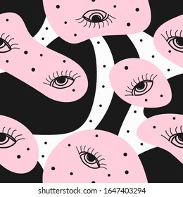 Stylish abstract seamless pattern with organic shapes, dots and eyes drawn by hand. Modern girly print. Vector illustration.