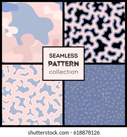 Stylish abstract seamless patterns. Vector collection in trendy colors: pink, serenity, black. Hipster background, Memphis style. Design for decoration, baby shower (girls and boys), prints, textile