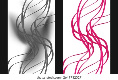 A stylish abstract set of flowing line compositions in both grayscale and vibrant pink tones. Featuring dynamic curved lines over clean white backgrounds