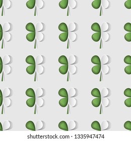 Stylish abstract St. Patrick s day seamless pattern with cut paper 3d leaf clover. Vector illustration