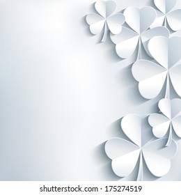 Stylish abstract St. Patrick's day background with cut paper 3d leaf clover. Trendy modern white - gray background. St. Patrick day card. Vector illustration 
