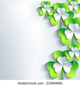 Stylish abstract St. Patrick's day card with grey and green 3d leaf clover. Trendy spring background. Beautiful St. Patrick day wallpaper. Vector illustration 