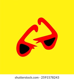 Stylish Abstract Sunglasses Icon in Bold Colors. A modern vector illustration of two overlapping red sunglasses with black lenses on a vibrant yellow background, creating a bold and trendy aesthetic.