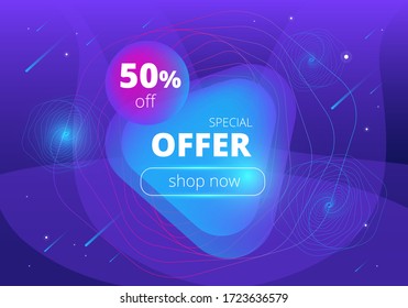 stylish abstract vector abloom with the image of space and the inscription special offer on a triangular sticker in blue tones