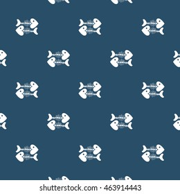 stylish Abstract vector seamless pattern with simply the skeletons of fish. White on deep blue.