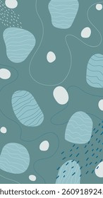 stylish abstract vertical backdrop in muted blue and gray tones with simple organic shapes, lines and dots, whimsical background for design