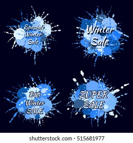 Stylish abstract winter sales splash labels of blue and white shades. Big winter sale. Special winter sale. Vector hand drawing labels. Winter tag